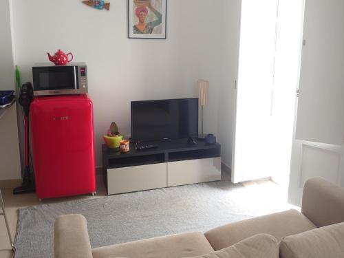 a living room with a television and a red refrigerator at Apartamentos Tras dos Fornos in Chantada