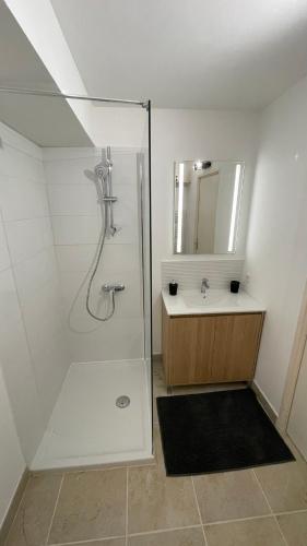 une salle de bain avec douche et lavabo dans l'établissement Appartement Climatisé Terrasse et Piscine Le Baptistou, à Paradou