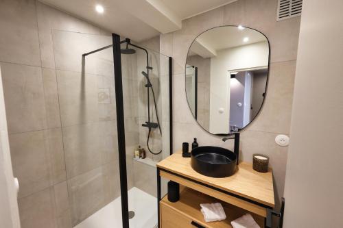 une salle de bain avec une douche, un lavabo et un miroir dans l'établissement Bertholet Annecy centre, à Annecy
