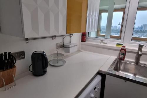 una cucina con ripiani bianchi, lavandino e finestre di 1 bedroom flat in Battersea a Londra