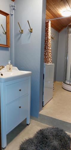 a bathroom with a blue cabinet and a sink at Vargheden B&B och trädgård in Malung