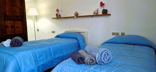 2 camas en una habitación con sábanas azules en Casa Anna Arezzo, en Quarata