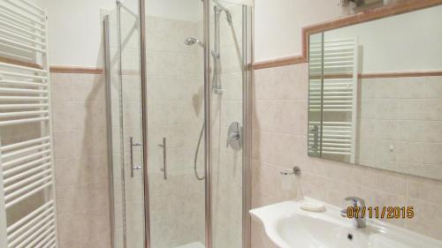 a bathroom with a shower and a sink at Kellnerhof in Nova Levante