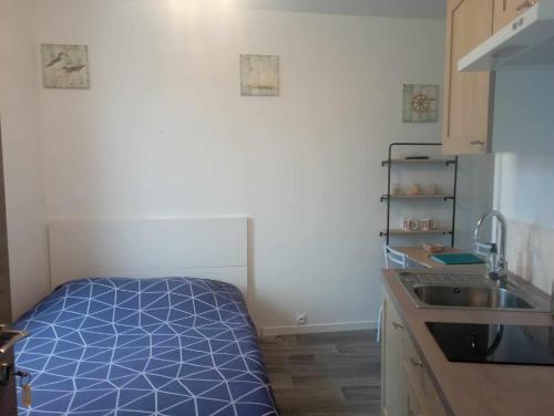 a small kitchen with a bed and a sink at LE KENAV - STUDIO A 300 M DU PORT in Locmiquélic