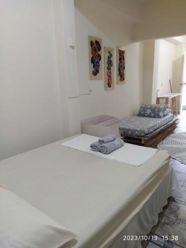 a white room with two beds and a couch at Kitnet Rústica Blumenau in Blumenau