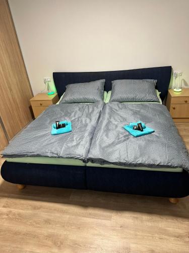 a bed with two blue trays on top of it at Chalupa Jarka in Jablŭnka