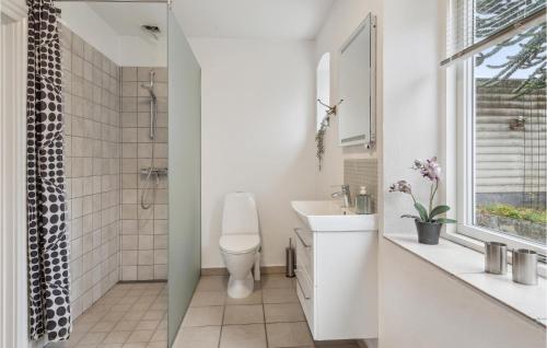 a white bathroom with a toilet and a sink at Nice Apartment In Snderborg With Kitchen in Sønderborg