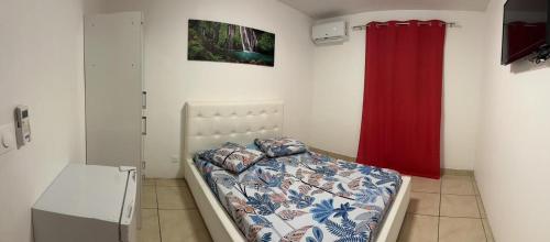 ein Schlafzimmer mit einem Bett und einem roten Vorhang in der Unterkunft Jimmyloc in Le Lamentin