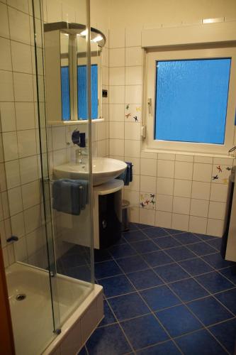 uma casa de banho com um lavatório e uma cabina de duche em vidro. em Vierzimmerwohnung am Harkortsee em Wetter