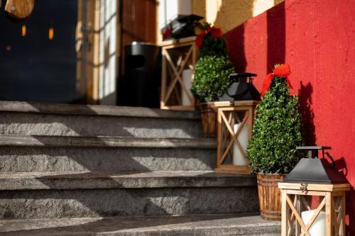 un escalier avec des plantes en pot et des lumières dans l'établissement Hotel zum See, Titisee, à Titisee-Neustadt