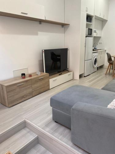 sala de estar con sofá y TV de pantalla plana en Moncloa apartment, con parking en Madrid