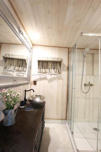 a bathroom with a sink and a shower at Fajna Chatka (mieszkanko B) in Stegna