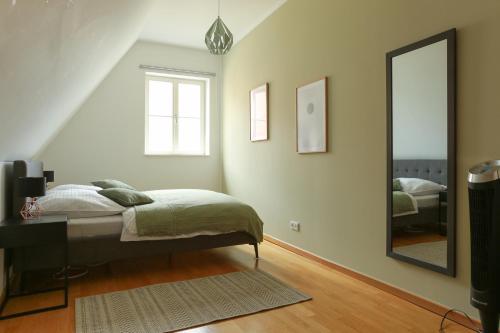 a bedroom with a bed and a large mirror at FAWAY Altstadt mittendrIN - einzigartiges Flair - Parken in Ingolstadt