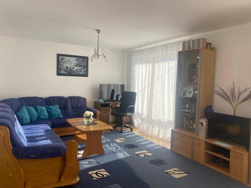 sala de estar con sofá azul y TV en Apartman Bilanovic, en Konjic