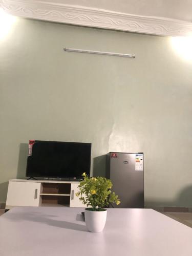 um quarto com uma mesa com uma televisão e um vaso de plantas em Residence MaryHouse em Cotonou