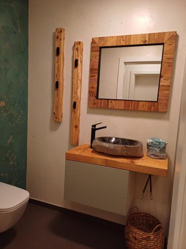 La salle de bains est pourvue d'un lavabo et d'un miroir sur un comptoir. dans l'établissement Egon's Home - Urlauben in Top Lage, à Sankt Jakob in Haus