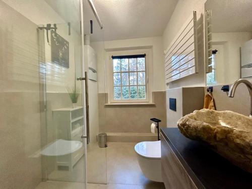 uma casa de banho com uma cabina de duche em vidro e um lavatório. em Ferienhaus im Grünen mit Kamin em Oranienburg