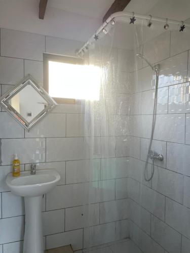 a bathroom with a shower and a sink and a mirror at Casa los Boldos in Curacaví