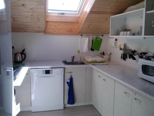 a kitchen with a white refrigerator and a sink at Studio Glass Vysočina in Škrdlovice