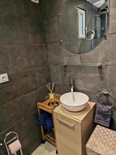 une salle de bain avec un lavabo et un miroir dans l'établissement Maisonnette U Santu Ghjuvandria ou A Santa Ghjulia entre mer et Montagne, à Volpajola