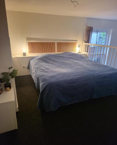 een slaapkamer met een groot bed en een blauwe deken bij Stadslogement Goudsteeg 19B in Zwolle
