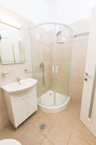 a bathroom with a shower and a sink at Suit apartment free parking in Roşu