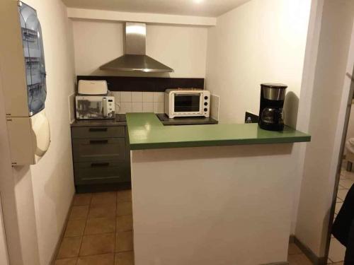 a kitchen with a counter top with a microwave at Appartement 10 Des Acacias in Anduze