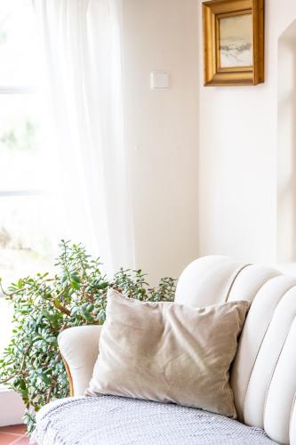 a white couch with a pillow in front of a window at Family Hotel Okoř in Okoř