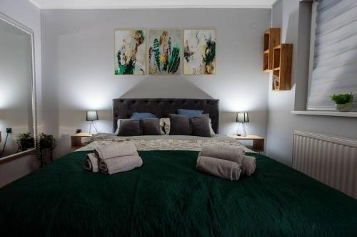 a bedroom with a large green bed with two pillows at Dream Inn apartments in Subotica