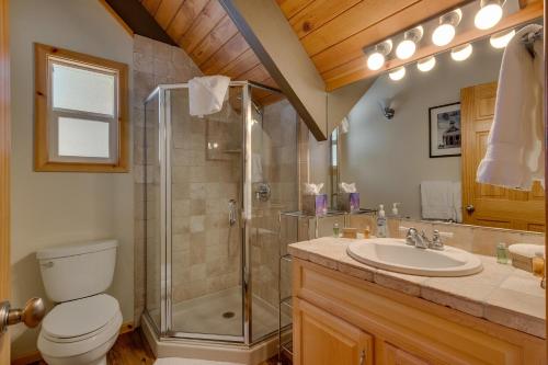 y baño con ducha, aseo y lavamanos. en Piney wood - Quiet 2 BR Loft w Private Hot Tub, en Carnelian Bay