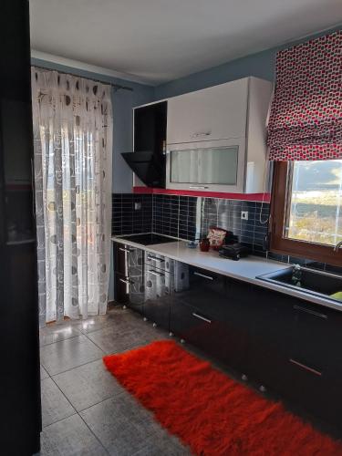 a kitchen with black cabinets and a red rug at ΑΡΧΟΝΤΙΚΟ ΜΑΝΤΕΙΟ in Manteio