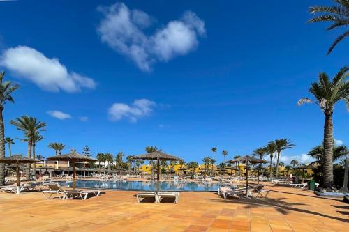 - une piscine avec des chaises, des parasols et des palmiers dans l'établissement Amazing Oasi casa Mila wifi free by Rentalfue, à Corralejo