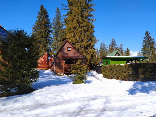 a log cabin in the snow with trees at Chatka vo Vysokých Tatrách in Tatranska Strba