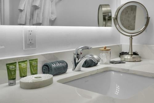a bathroom counter with a sink and a mirror at Treetop Retreat! Cozy 2 Bedroom In Heart Of Grove in Miami