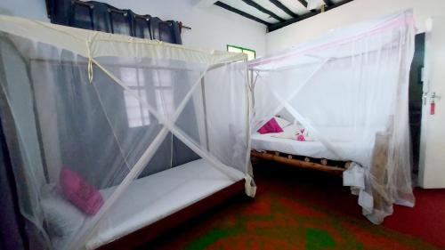 a small room with two beds with mosquito nets at Jacob's Inn Jambiani in Jambiani