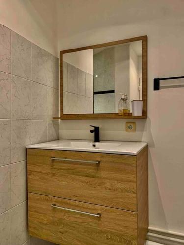 a bathroom with a sink and a mirror at Maison avec terrasse au Havre in Le Havre