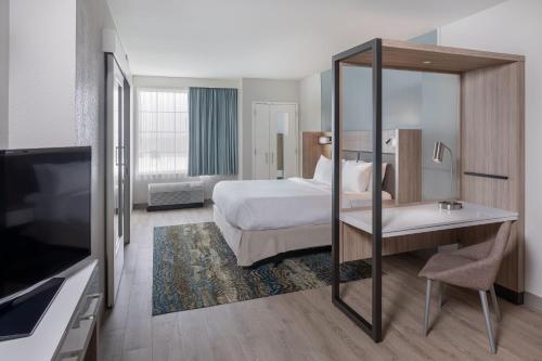 um quarto de hotel com uma cama e uma televisão em SpringHill Suites by Marriott New Smyrna Beach em New Smyrna Beach