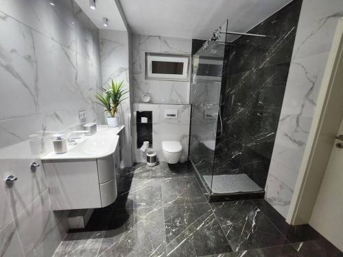 bagno con lavandino, doccia e servizi igienici di Luxuriöse Moderne Wohnung a Barmstedt