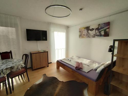 um quarto com uma cama, uma mesa e uma televisão em Wohlfühlapartment in Metzingen em Metzingen