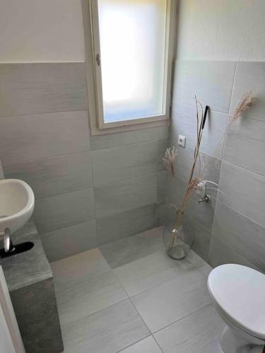 a bathroom with a sink and a toilet and a window at Tiny Bled house in Bled