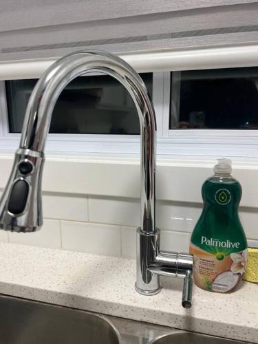 a kitchen sink with a faucet and a bottle of dish soap at Classy single family house, walk to St Boniface in Winnipeg