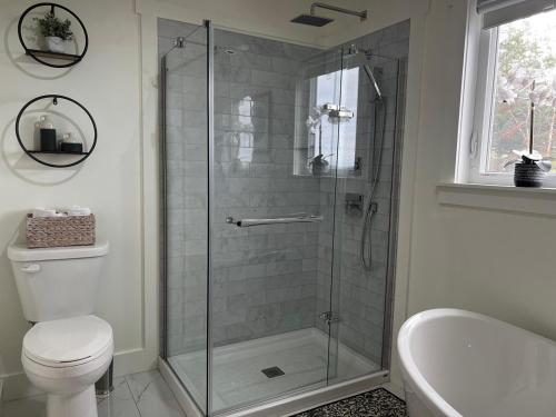a bathroom with a shower with a toilet and a sink at Bambury's Hillside Chalets in Rocky Harbour