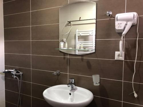 a bathroom with a sink and a mirror on a wall at Guest House Vanda in Mestia
