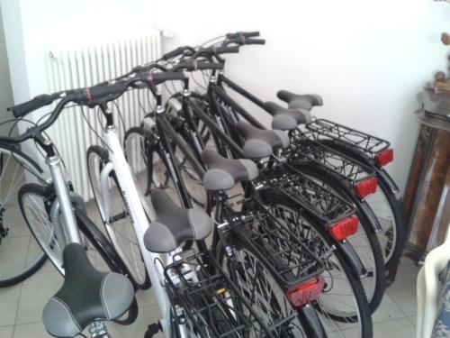 a row of bikes lined up in a room at La Vela in Viadana