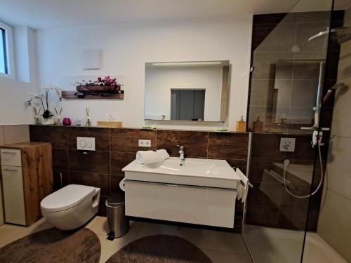 een badkamer met een toilet, een wastafel en een douche bij Traum Blick Sankt Gilgen in Sankt Gilgen