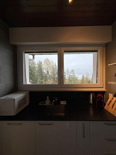 a kitchen with two windows and a microwave at Crans-Montana Duplex Lodge in Crans-Montana