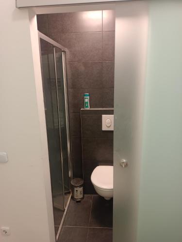 a bathroom with a toilet and a glass shower at Speedyrooms Vienna in Vienna