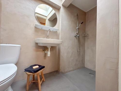 y baño con lavabo, aseo y espejo. en Cosy Groede, en Schoondijke