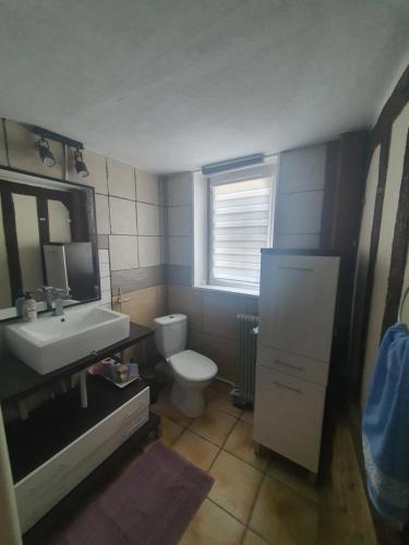 une salle de bain avec un lavabo et des toilettes et une fenêtre dans l'établissement Maison Normandie, à Glos-sur-Lisieux