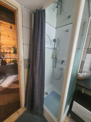 une douche avec un rideau de douche dans une salle de bain dans l'établissement Maison Normandie, à Glos-sur-Lisieux